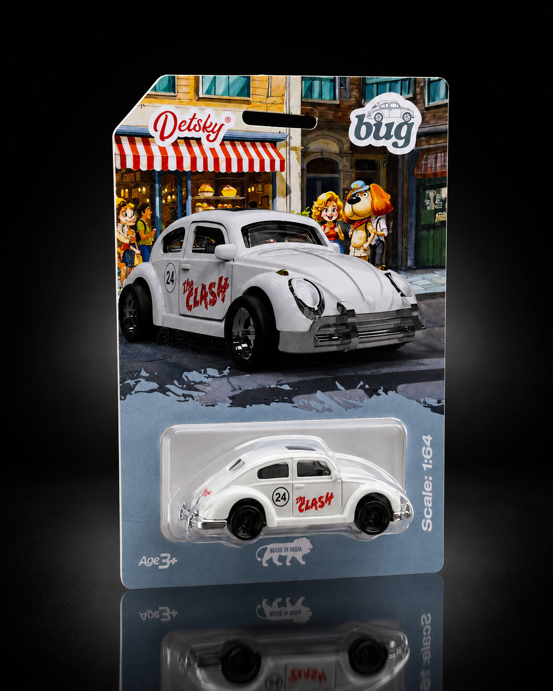 Detsky Bug 1:64 die-cast classic car on dark studio background