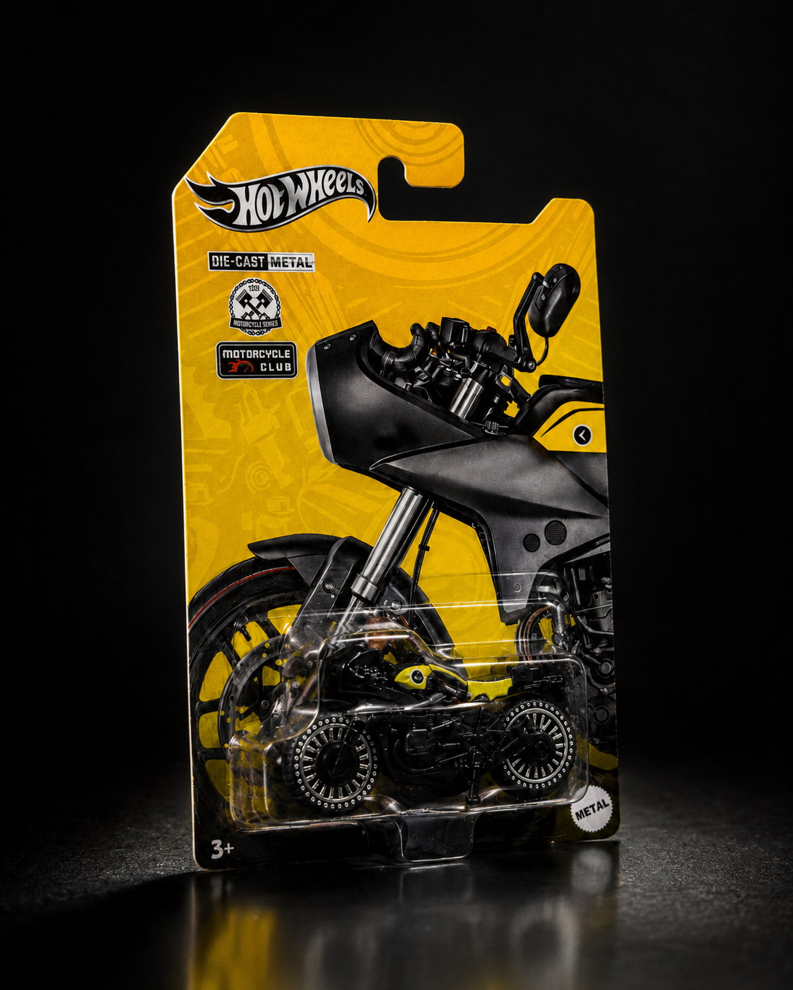 Die-cast bagger motorcycle packaging, angled studio view