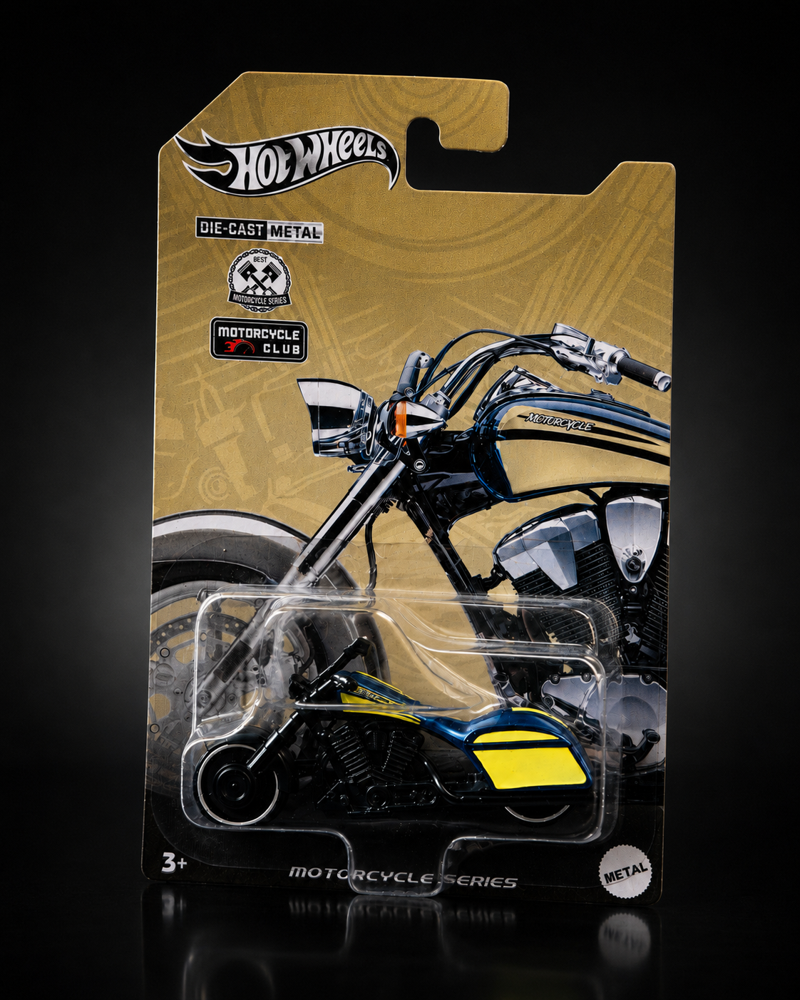 Blue die-cast chopper motorcycle packaging, alternate view