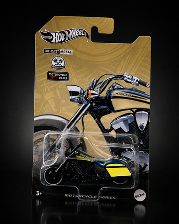 Blue die-cast chopper motorcycle packaging, alternate view