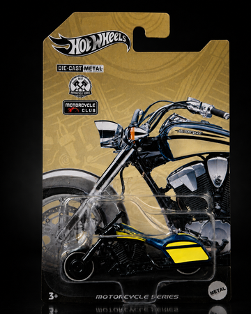 Die-cast chopper motorcycle, angled studio view