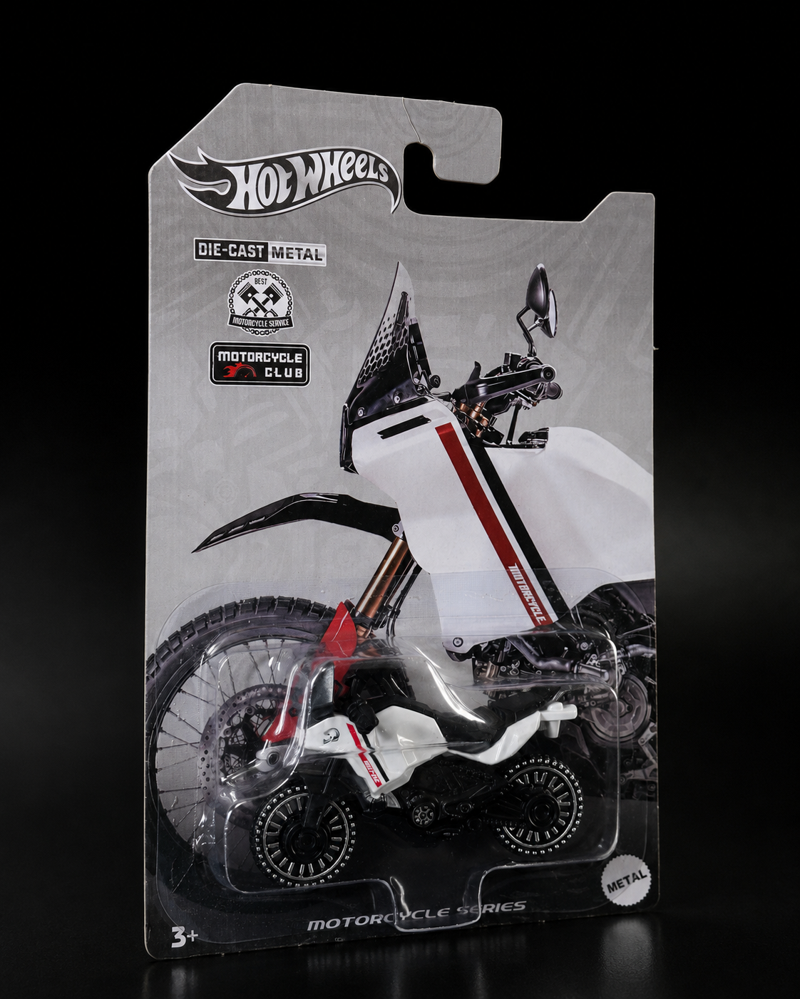 White die-cast rally motorcycle packaging, alternate view