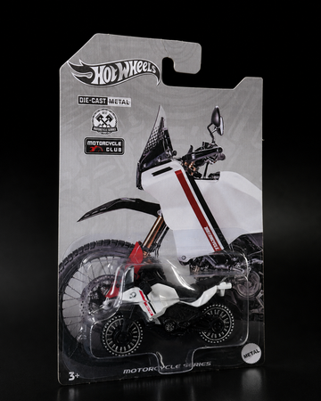 White die-cast rally motorcycle packaging, alternate view