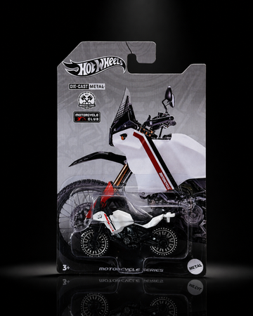 Die-cast rally motorcycle, detail view