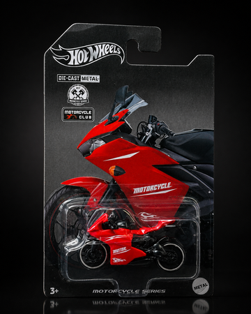 Red die-cast sport motorcycle packaging, alternate view