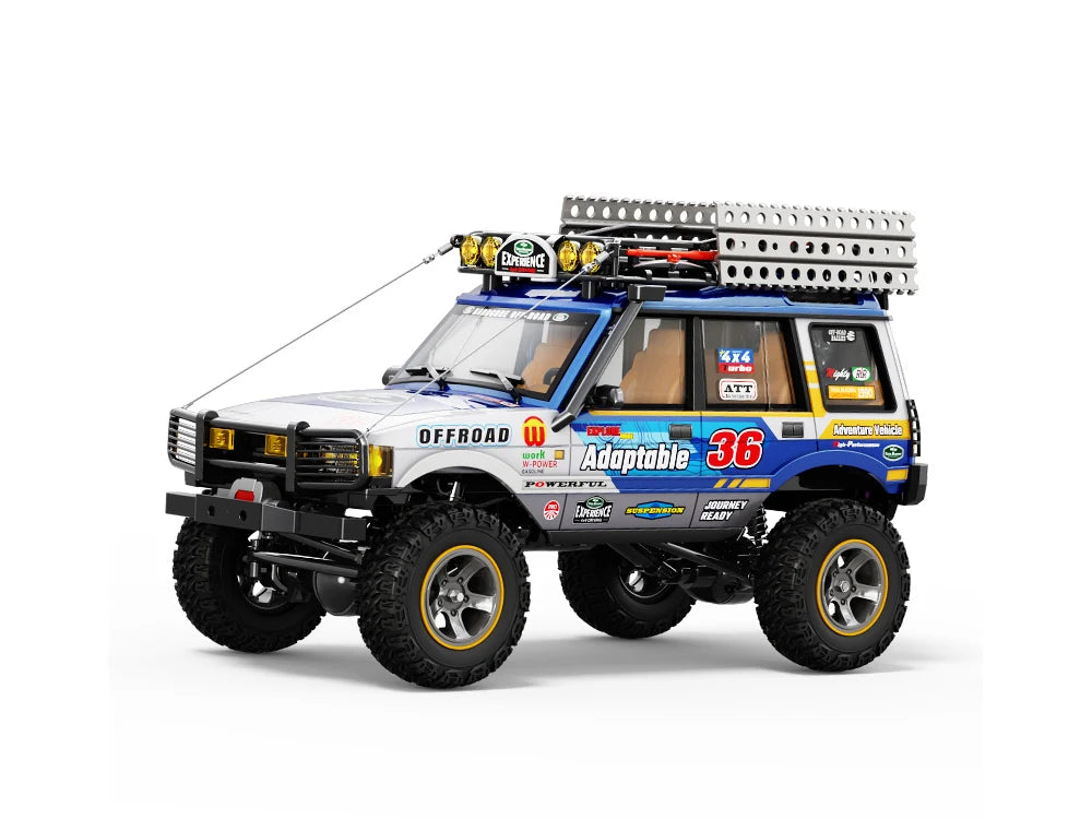 Blue and white JXC LR1801 RC crawler with roof rack and trail accessories