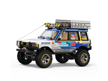 Blue and white JXC LR1801 RC crawler with roof rack and trail accessories