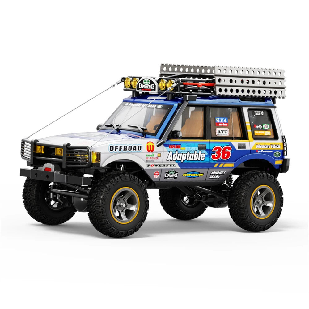 Blue and white JXC LR1801 1:18 RC crawler viewed from the front left