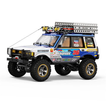 Blue and white JXC LR1801 1:18 RC crawler viewed from the front left