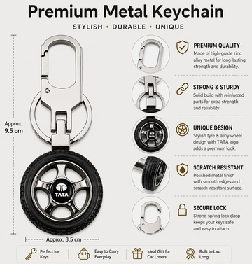 Premium Metal Tyre Keychain with Car Brand Logo - TATA