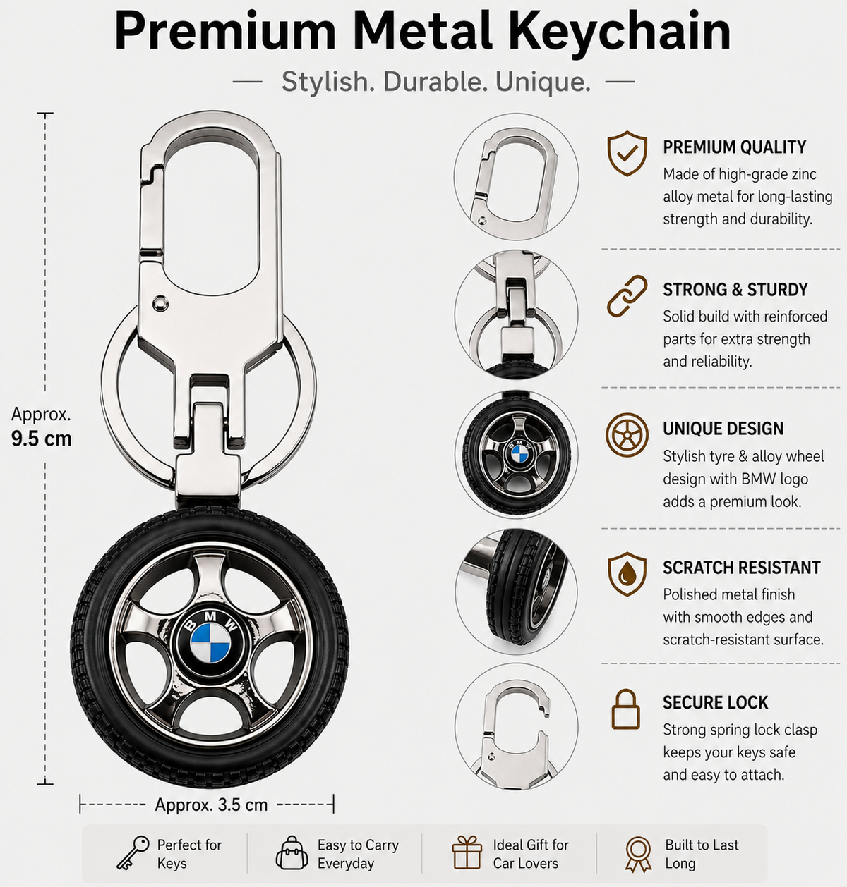 Premium Metal Tyre Keychain with Car Brand Logo - BMW
