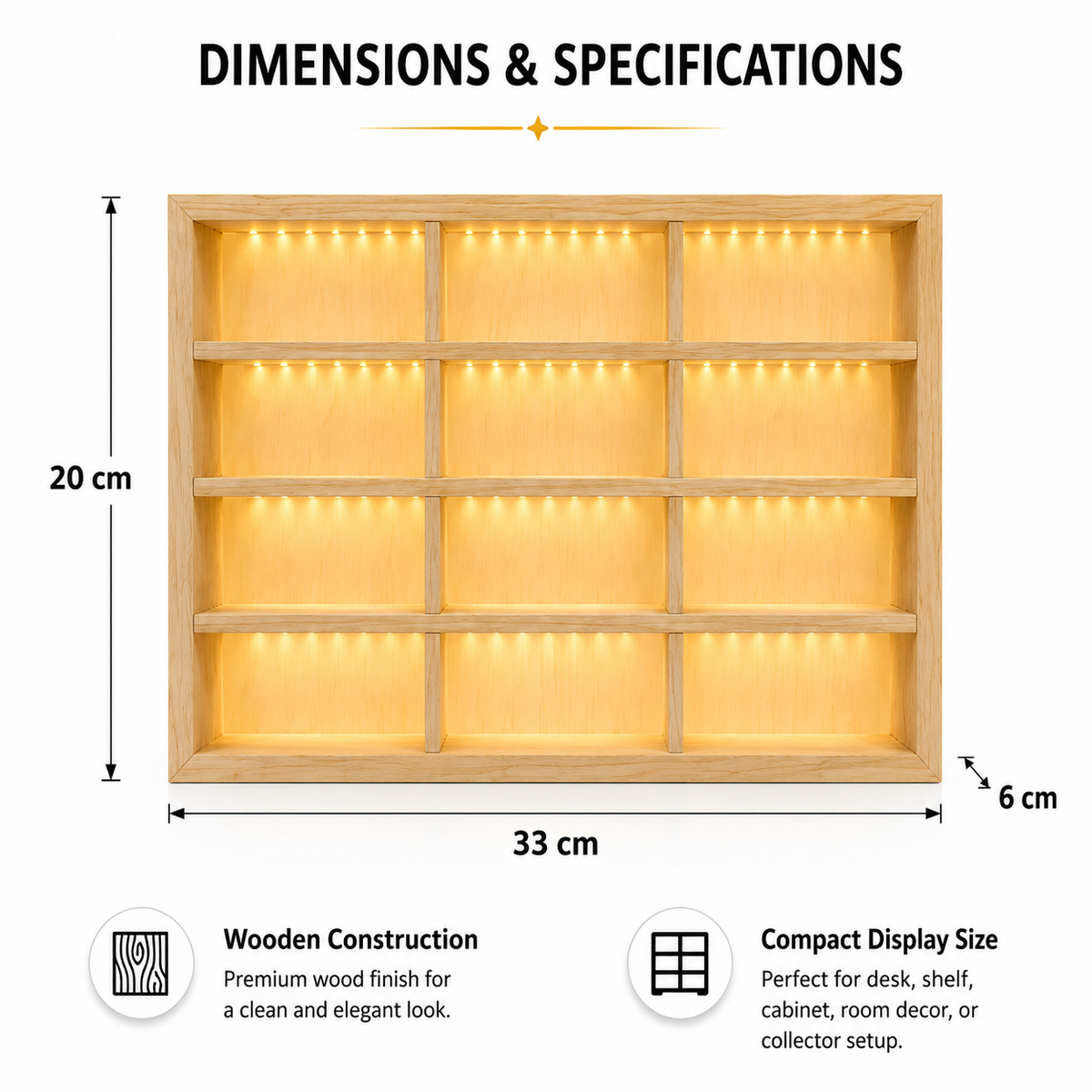 Wooden LED Display Case for 1:64 Diecast Cars (12-Slot)