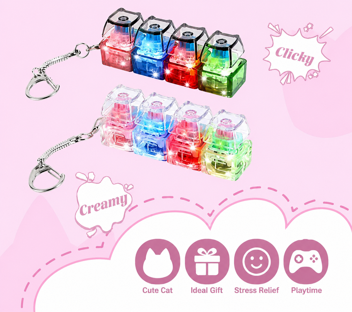 Keyboard Clicker Fidget Keychain - 4-in-1 LED & Sound