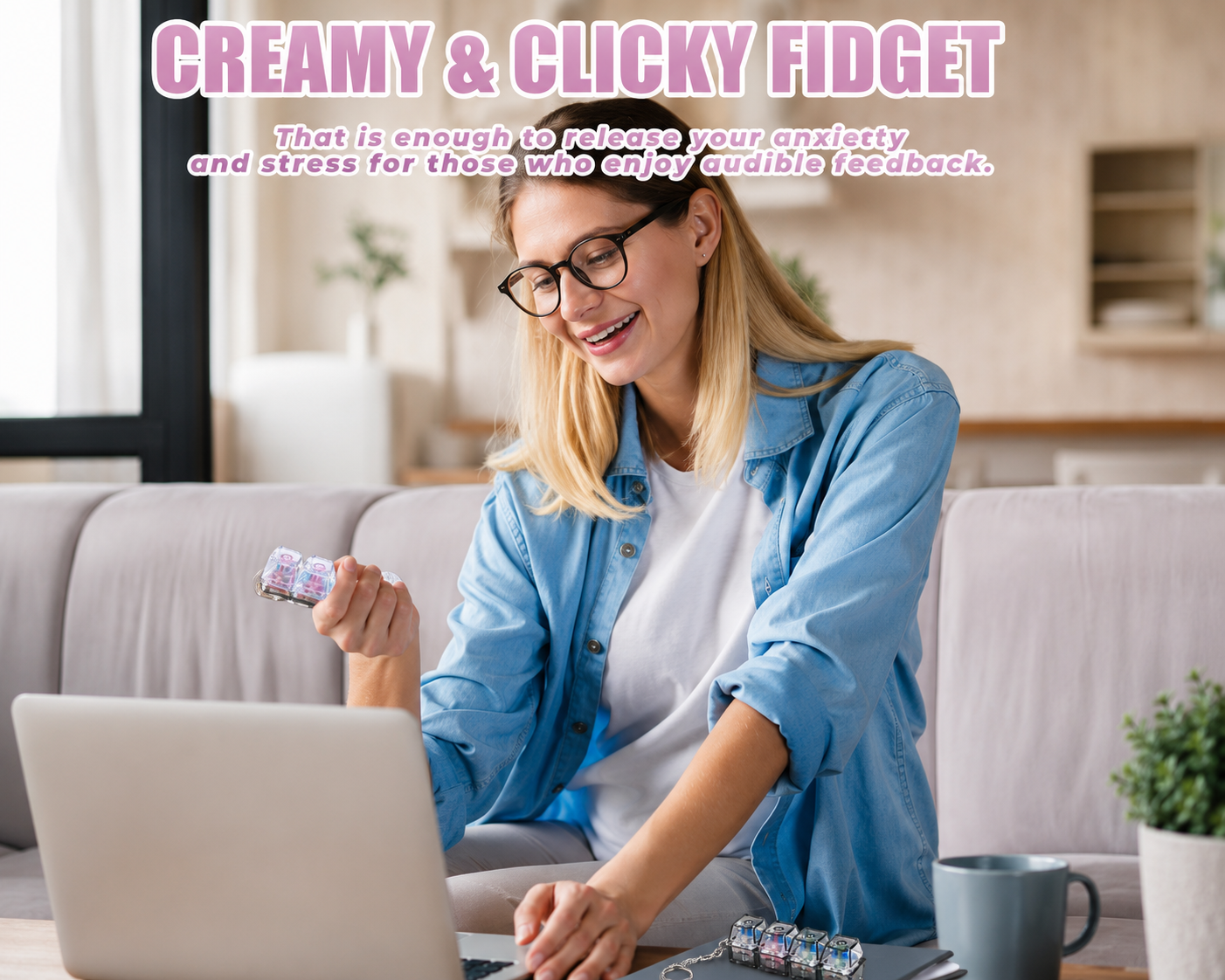 Keyboard Fidget Toy for Adults 4 in 1 Keyboard Clicker Fidget Keychain with LED Light & Sound for Anxiety Relief, Office Home Travel