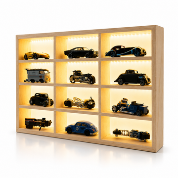 Wooden LED Display Case for 1:64 Diecast Cars (12-Slot)