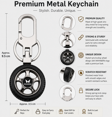 Premium Metal Tyre Keychain with Car Brand Logo - Mahindra