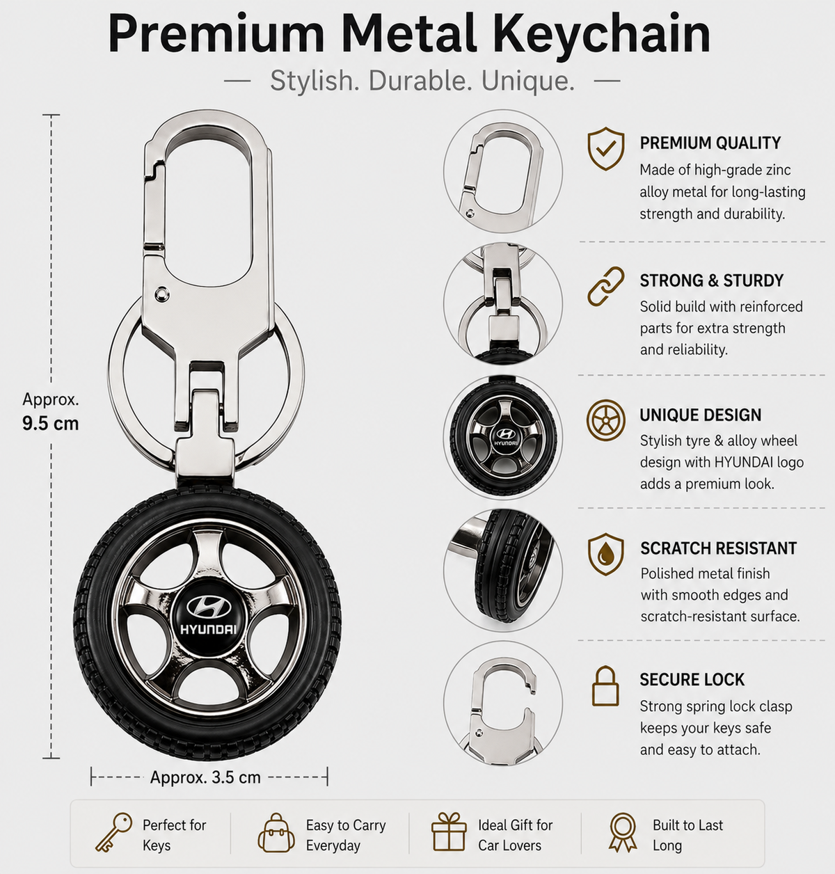 Premium Metal Tyre Keychain with Car Brand Logo - Hyundai