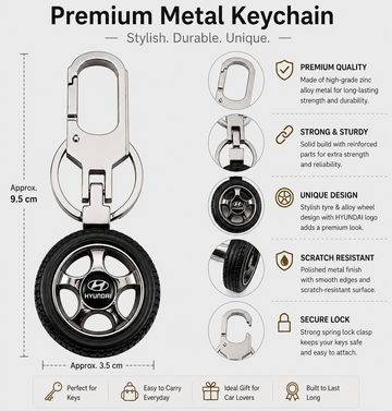 Premium Metal Tyre Keychain with Car Brand Logo - Hyundai