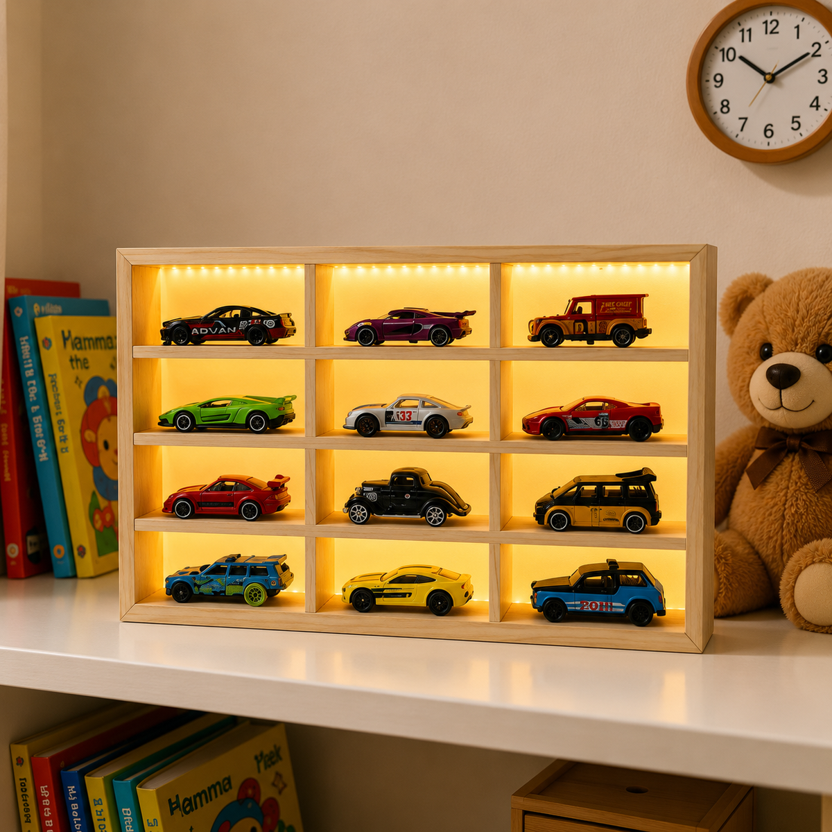Wooden LED Display Case for 1:64 Diecast Cars (12-Slot)