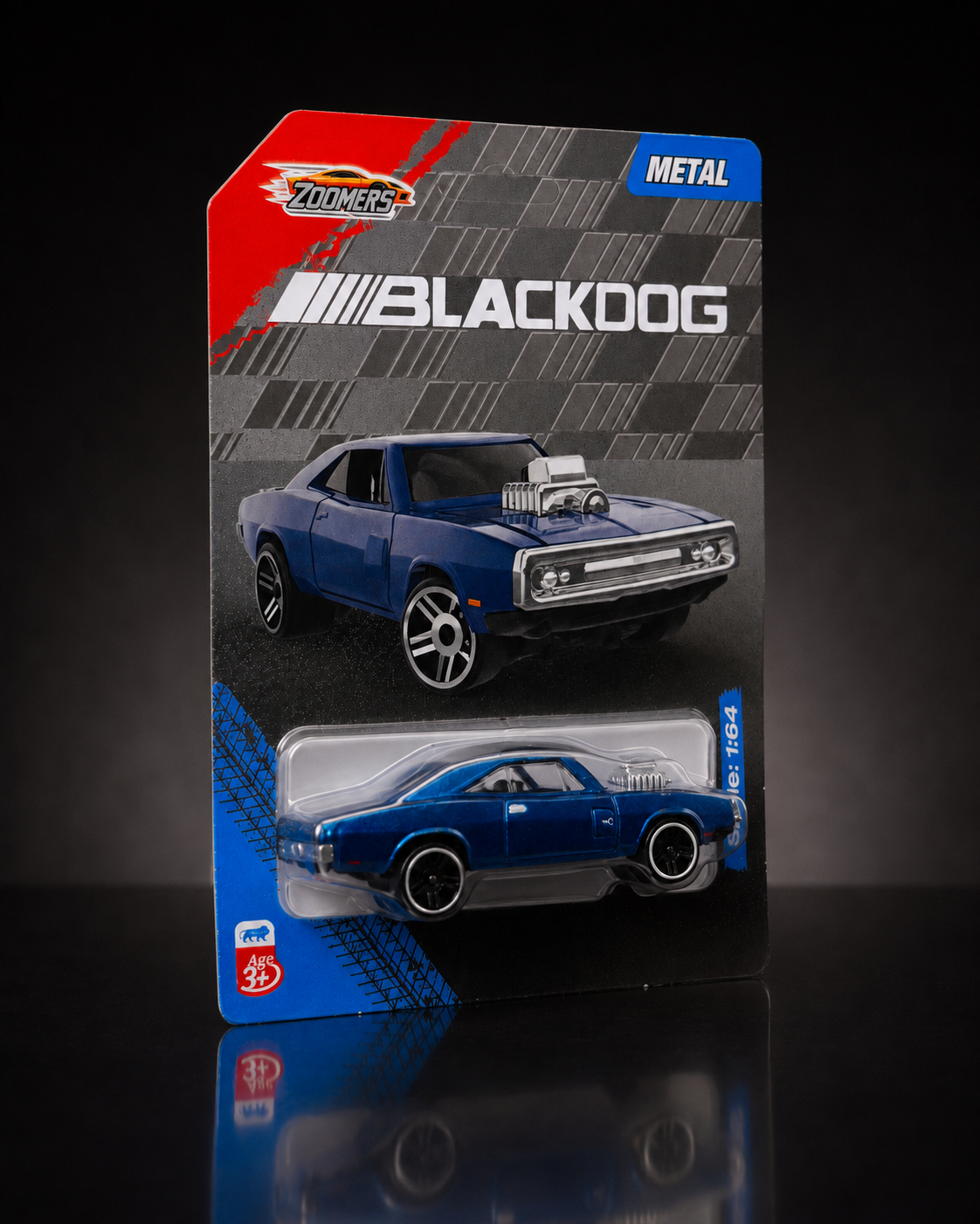Zoomers Blackdog die-cast muscle car packaging, angled studio view