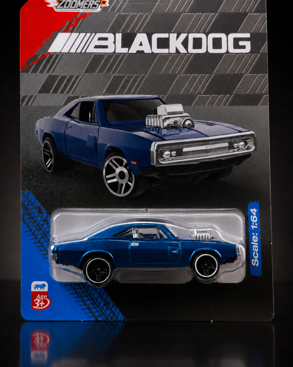 Close-up of blue 1:64 die-cast muscle car with chrome hood blower