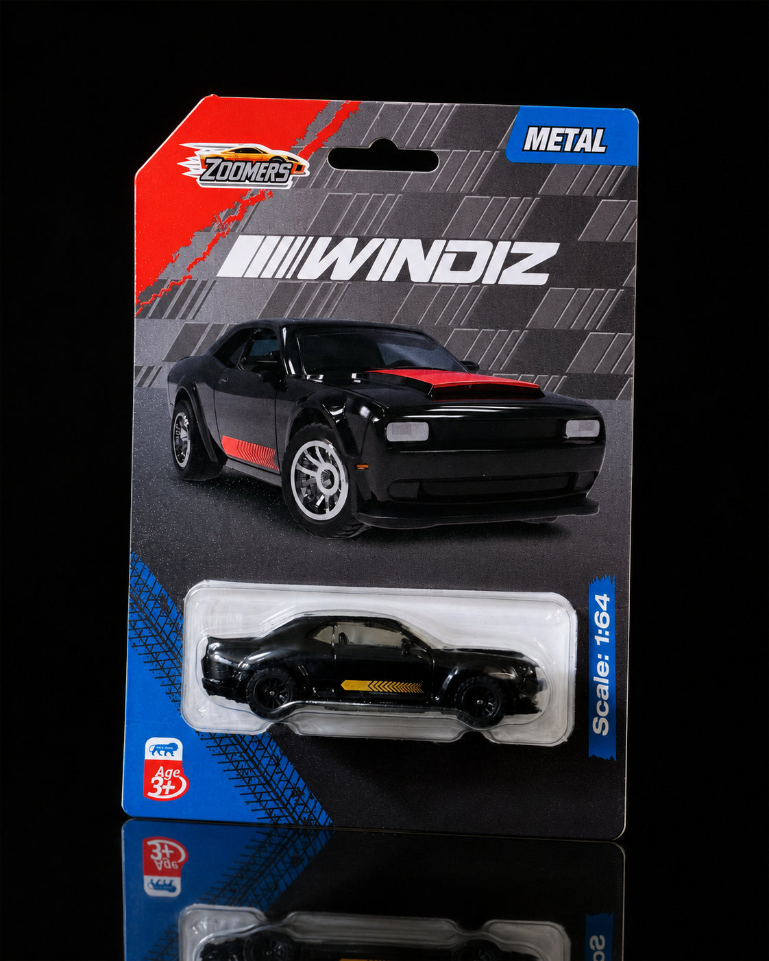 Black 1:64 die-cast muscle car with gold stripe, detail view