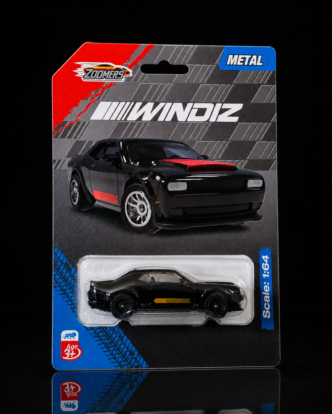 Zoomers Windiz die-cast muscle car, angled studio view