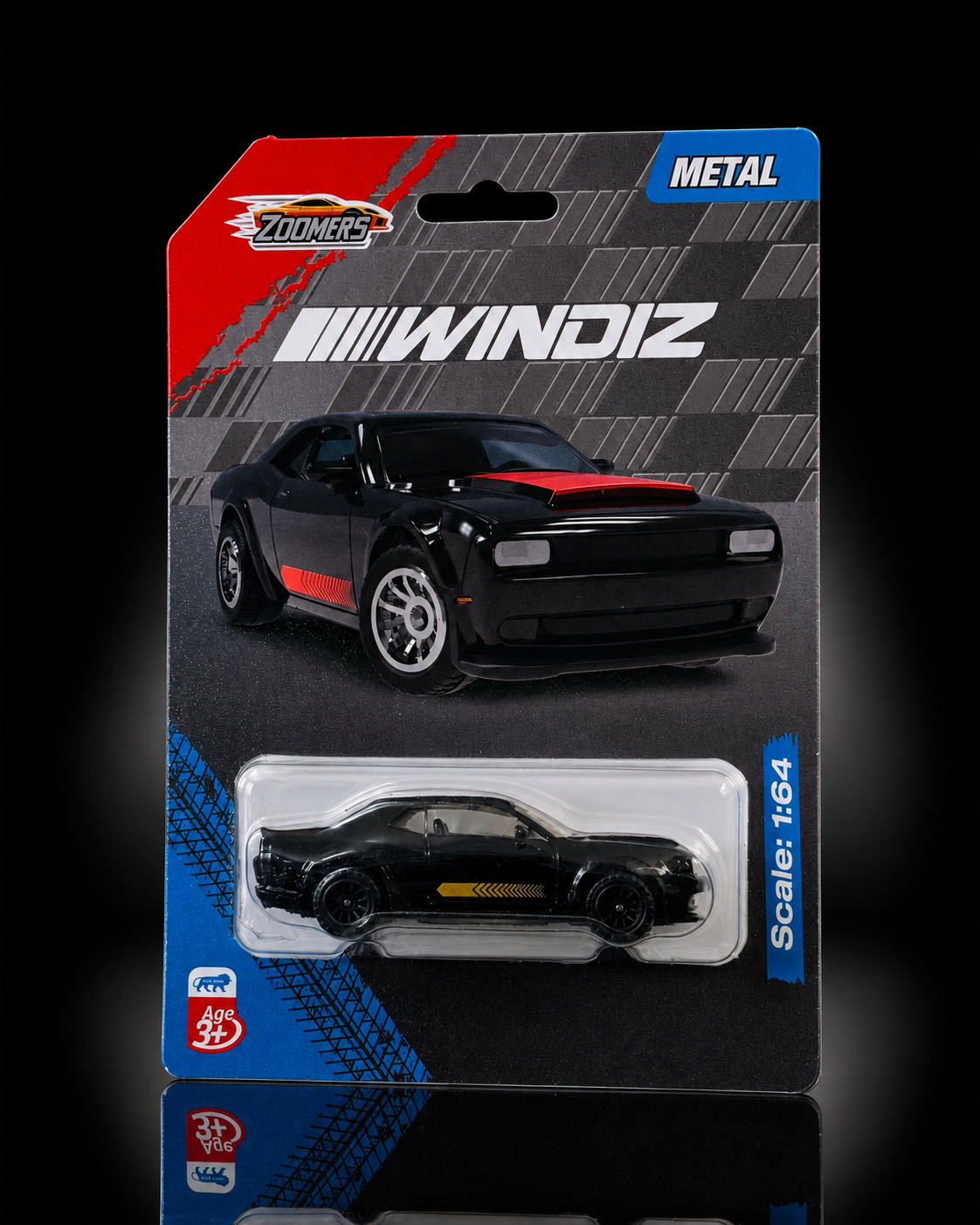 Zoomers Windiz 1:64 die-cast muscle car on dark studio background